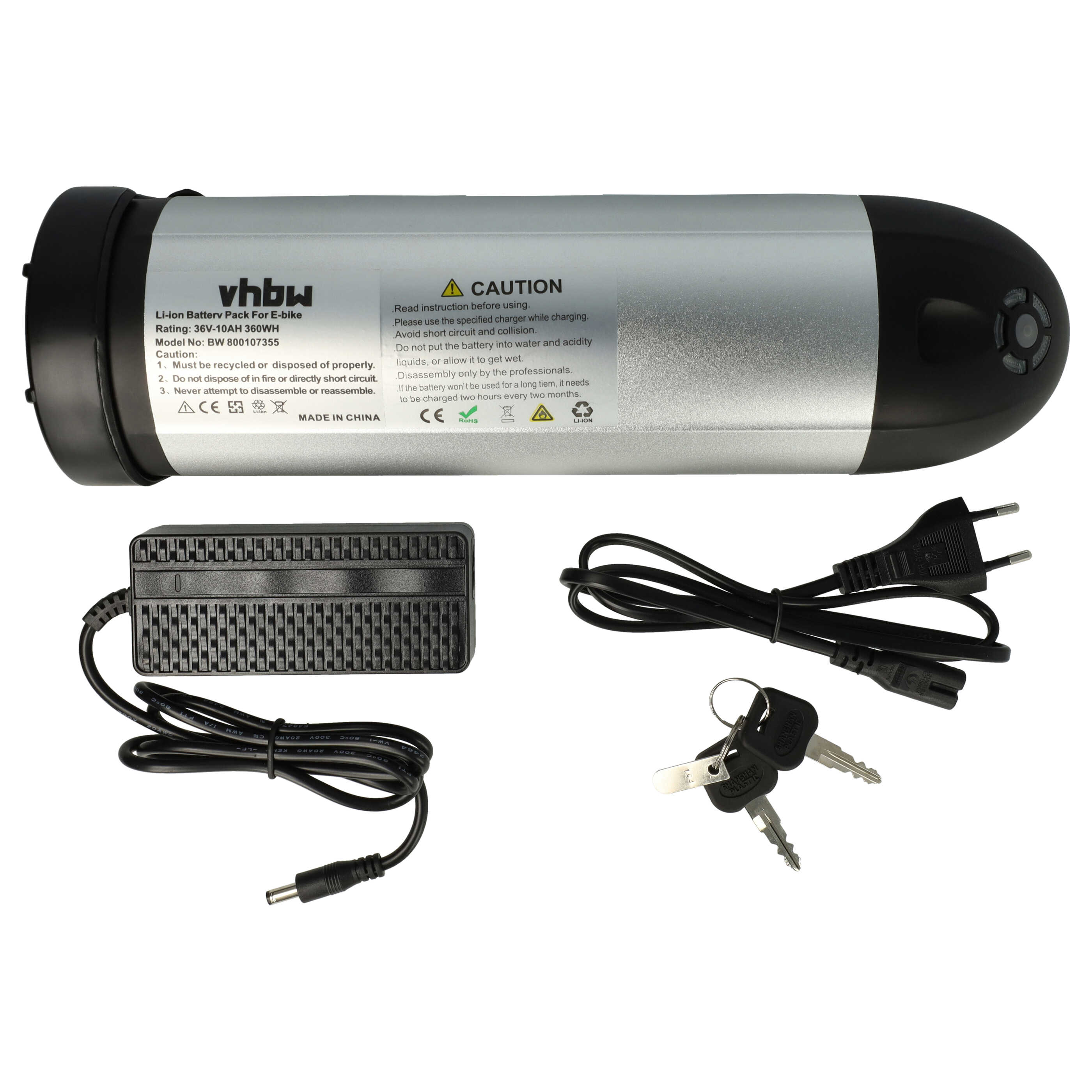 Batería para e-bike con motores 200- 350 W - 10 Ah 36 V Li-Ion incl. cargador, plata